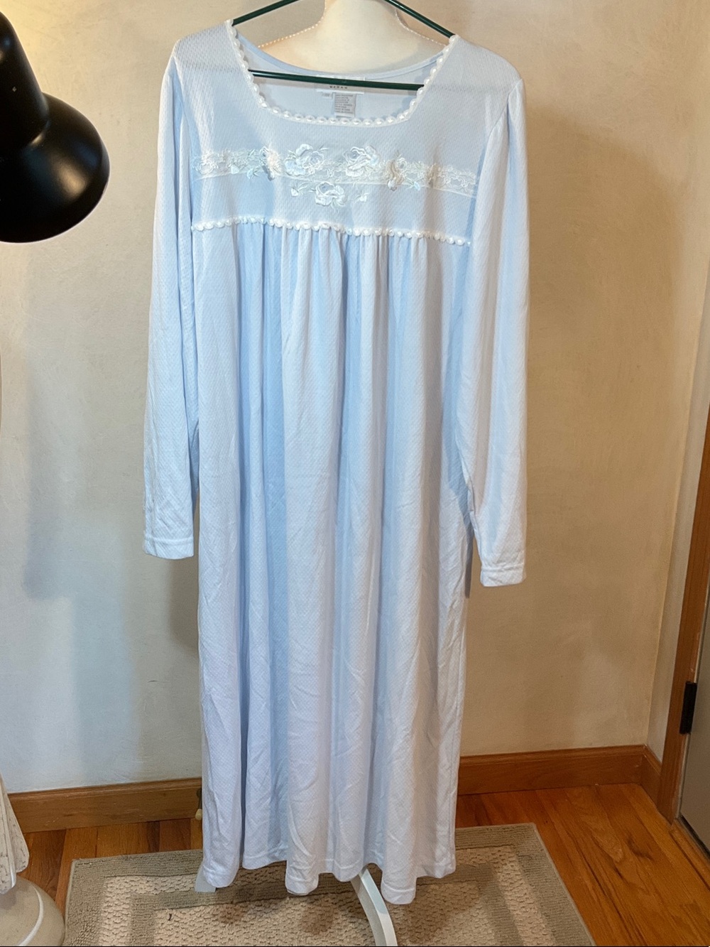 Miss Elaine Pale Blue Long Sleeve Knit Nightgown with Embroidered Yoke
